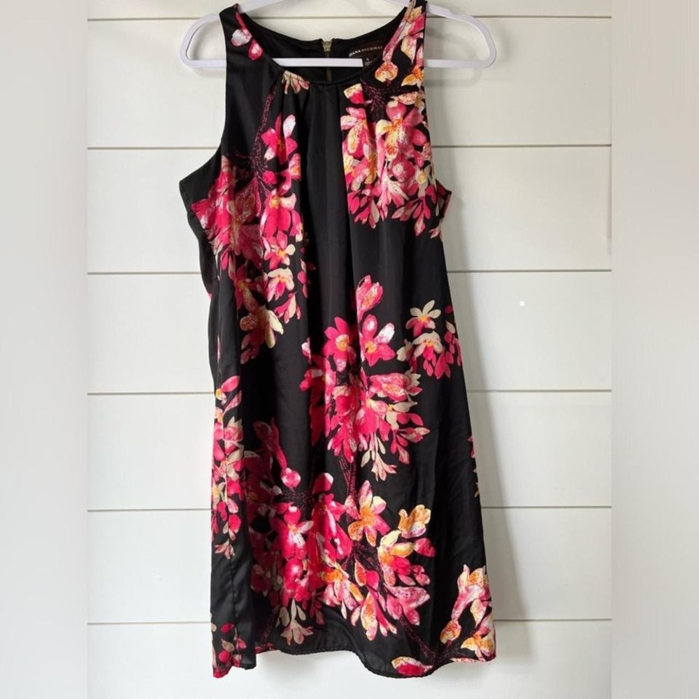Dana Buchman Black Pink Floral High Neck Sleeveless Knee Length Shift Dress